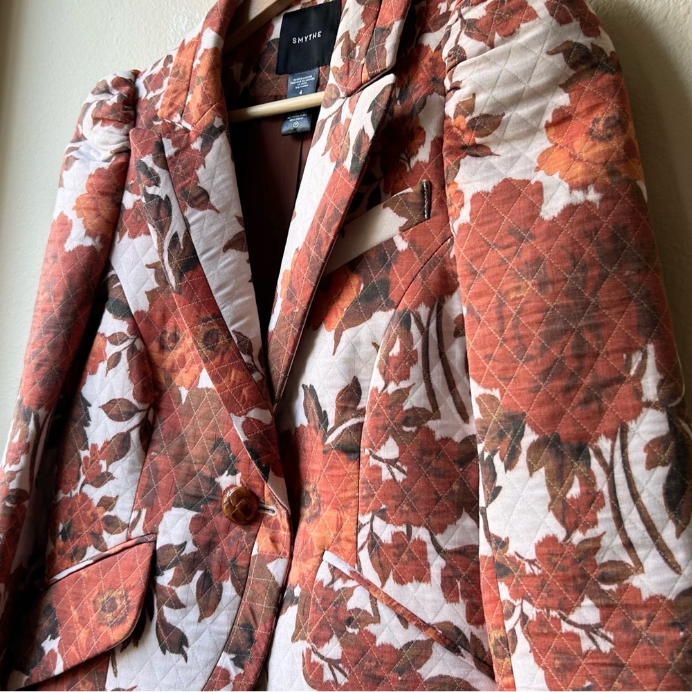 SMYTHE taped pouf sleeve one button blazer in Orange White rust floral Sz 4 - Picture 6 of 13